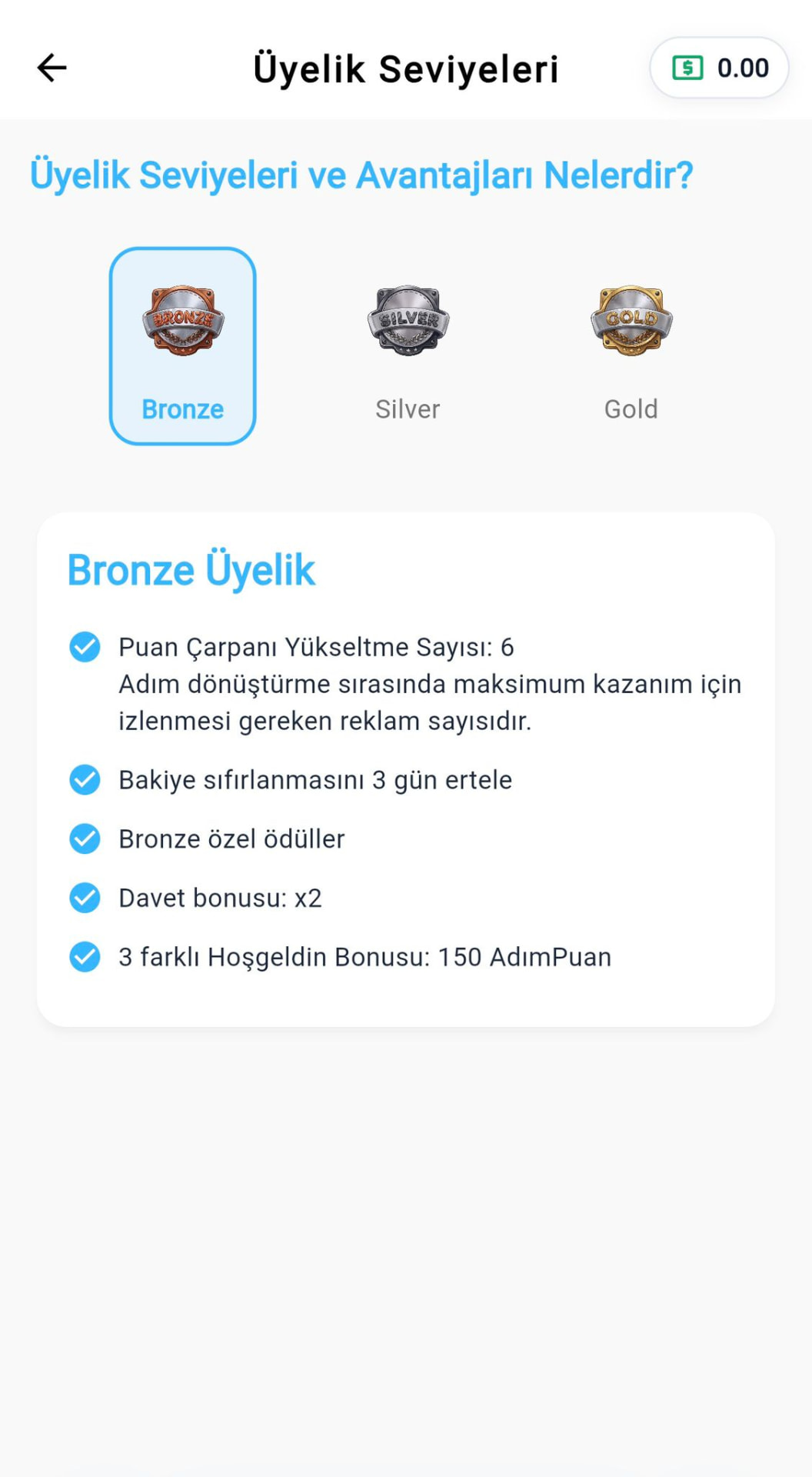 AdımKazan Bronze Silver Gold üyelik seviyeleri ekranı