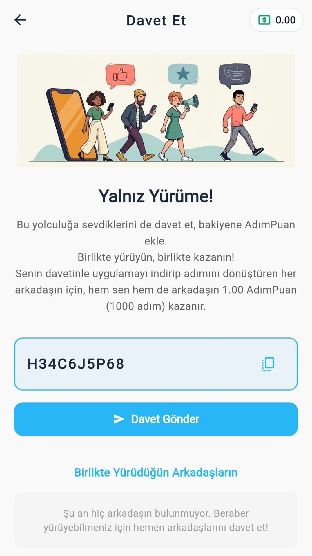 AdımKazan arkadaş davet ekranı ve davet kodu