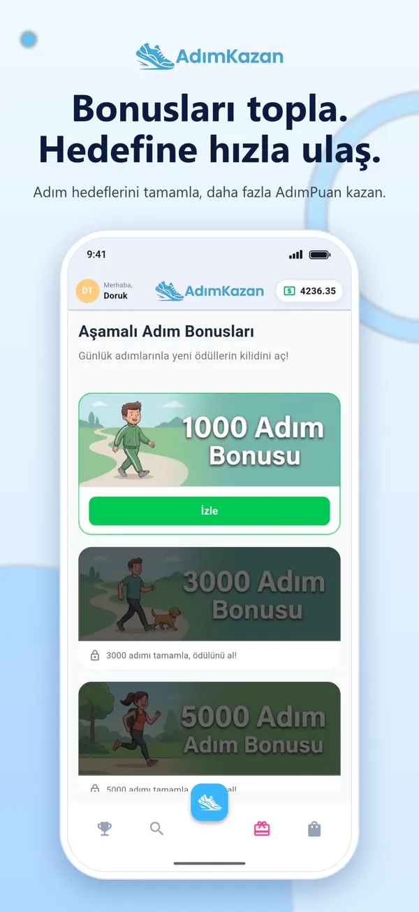 AdımKazan mağaza görseli: aşamalı adım hedefi bonusları