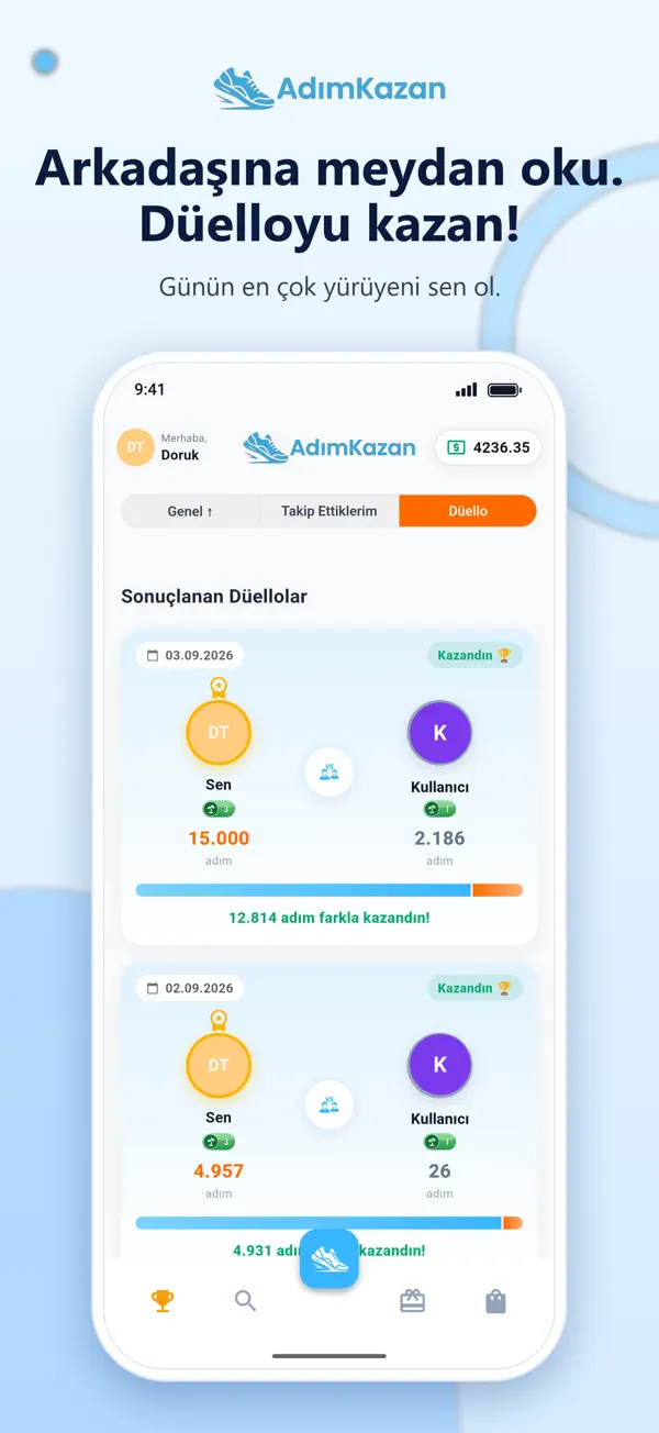 Gerçek uygulamada arkadaş düellosunun adım karşılaştırması ve sonuçları