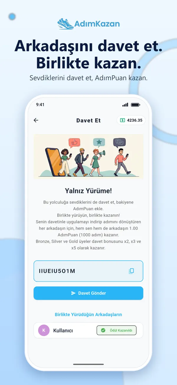 AdımKazan mağaza görseli: arkadaş daveti ve davet kodu paylaşımı