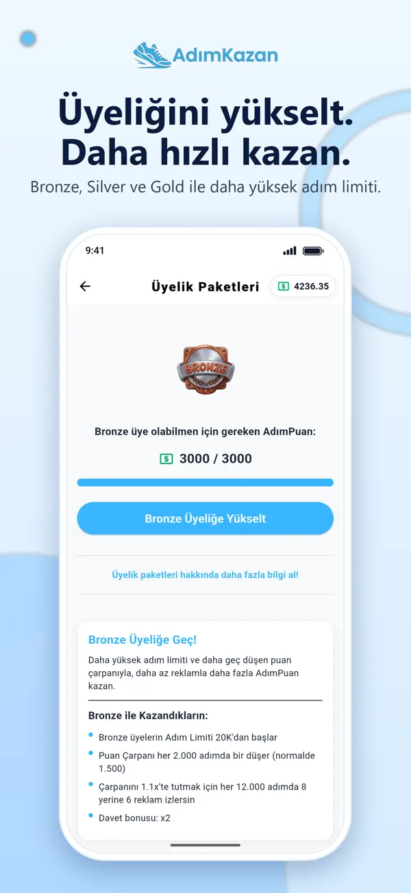 AdımKazan mağaza görseli: Bronze, Silver ve Gold üyelik paketleri